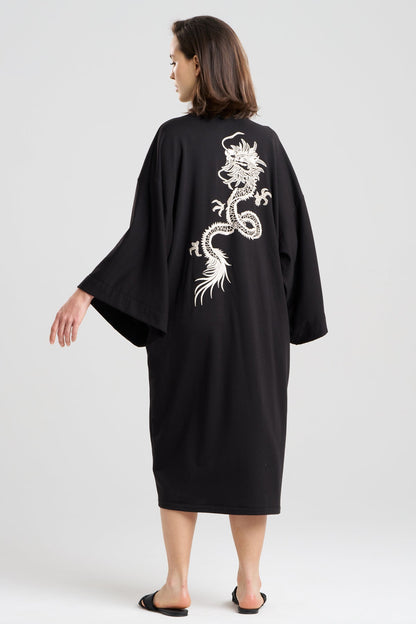 Cocoon Brushed French Terry Dragon Embroidered Robe Black Natori