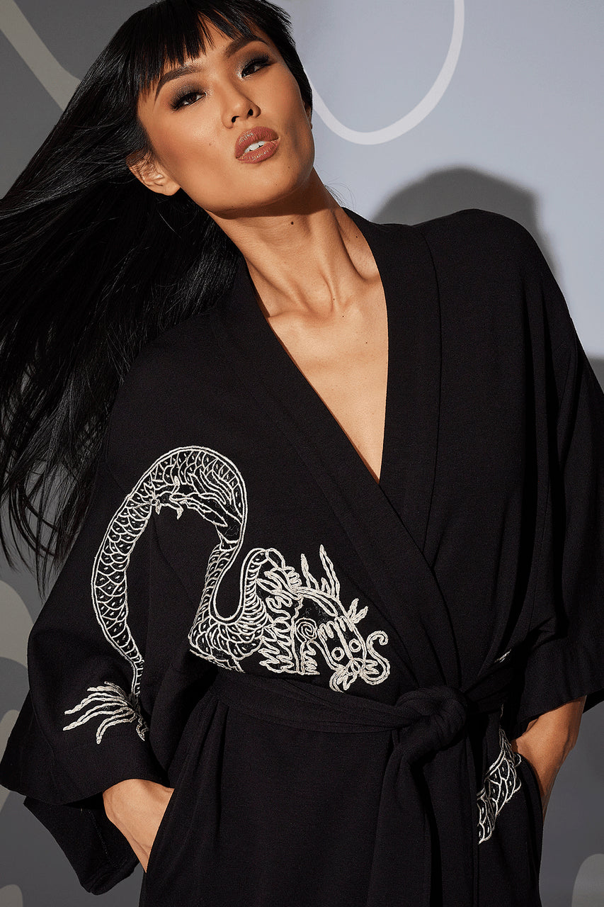 Buy Cocoon Embroidered Robe in Black Online Black Natori