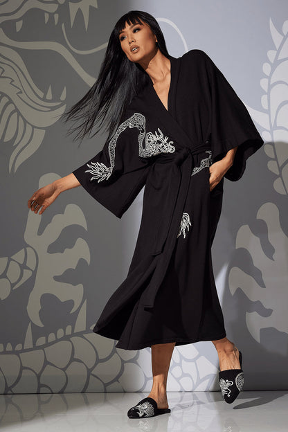 Buy Cocoon Embroidered Robe in Black Online Black Natori
