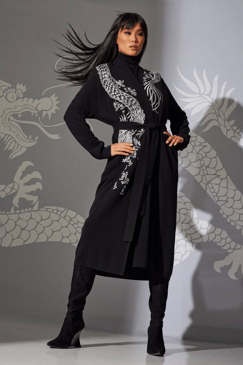 Buy Cashmere Embroidered Dragon Robe in Black Online Black Natori