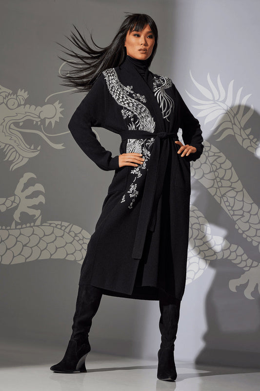 Buy Cashmere Embroidered Dragon Robe in Black Online Black Natori