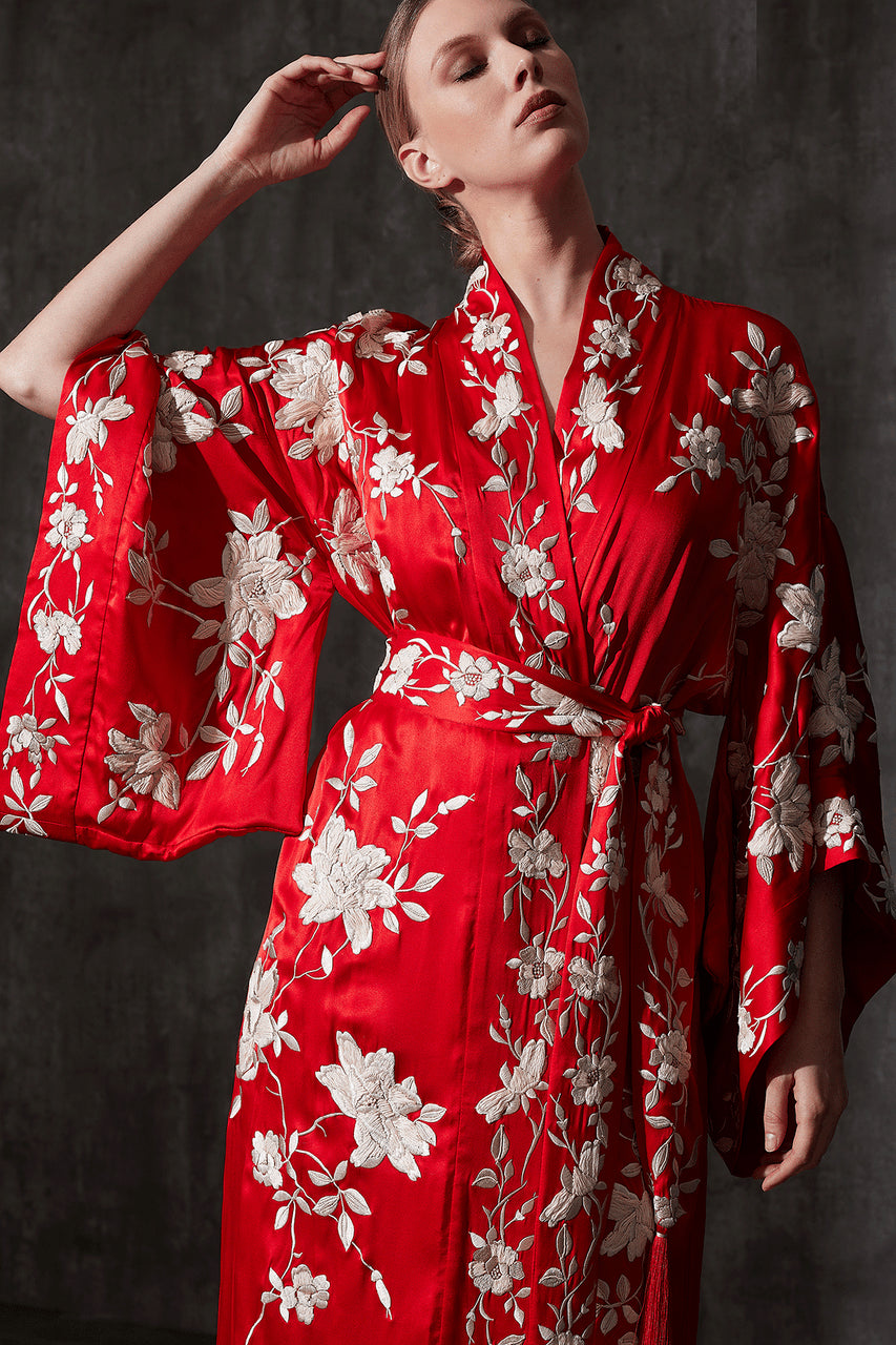 Buy Key Essentials Embroidered Kimono Tassel Silk Robe in Scarlet Online Scarlet Natori
