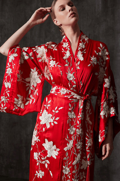 Buy Key Essentials Embroidered Kimono Tassel Silk Robe in Scarlet Online Scarlet Natori