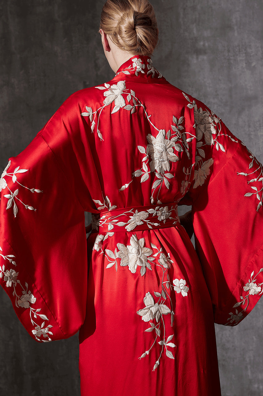 Buy Key Essentials Embroidered Kimono Tassel Silk Robe in Scarlet Online Scarlet Natori