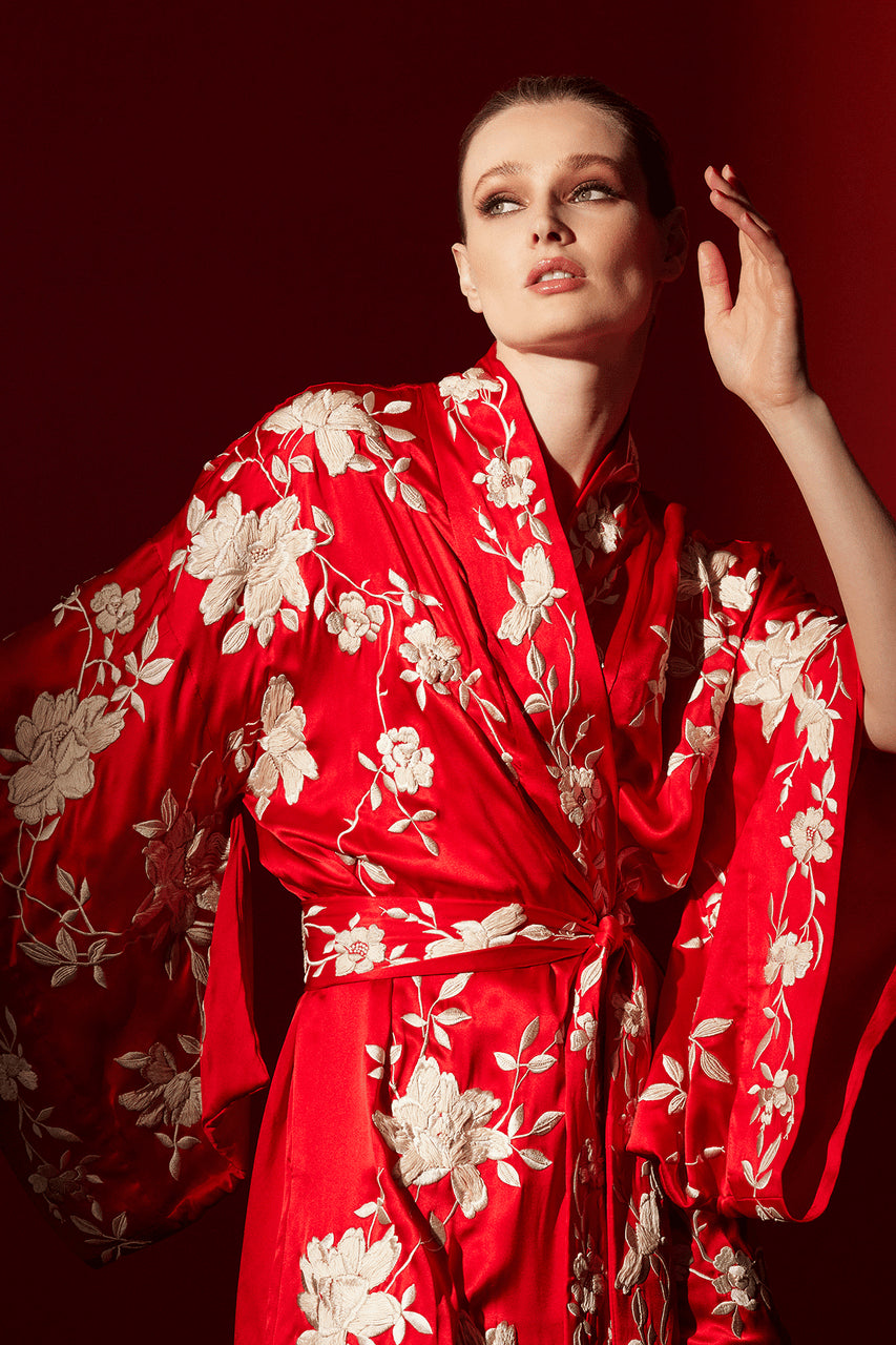 Buy Key Essentials Embroidered Kimono Tassel Silk Robe in Scarlet Online Scarlet Natori