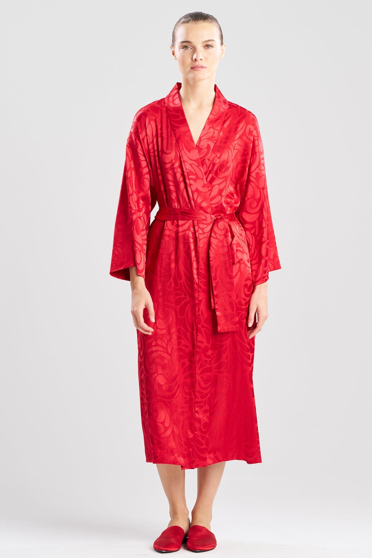 Scroll Satin Jacquard Robe Brocade Red Natori