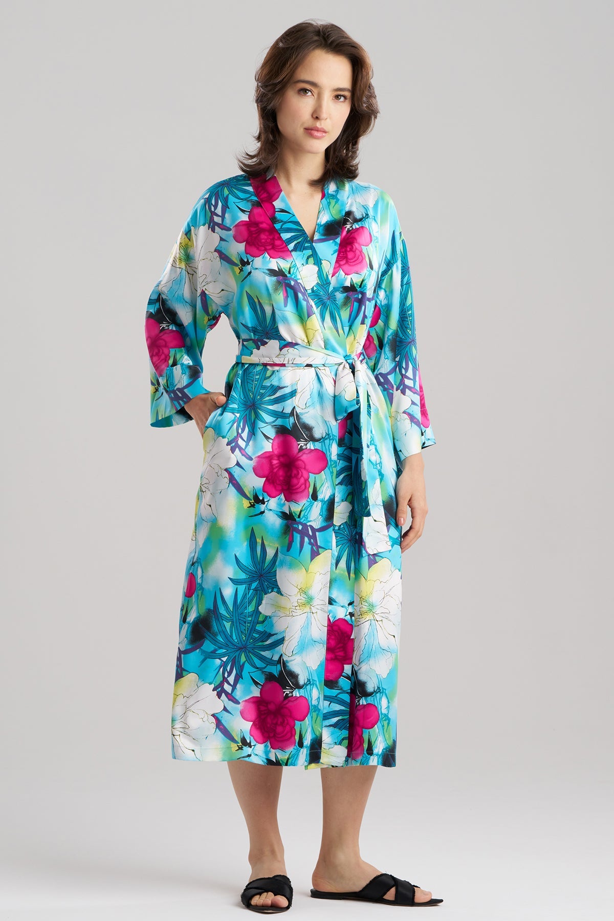 Viva Printed Satin Robe Teal Natori