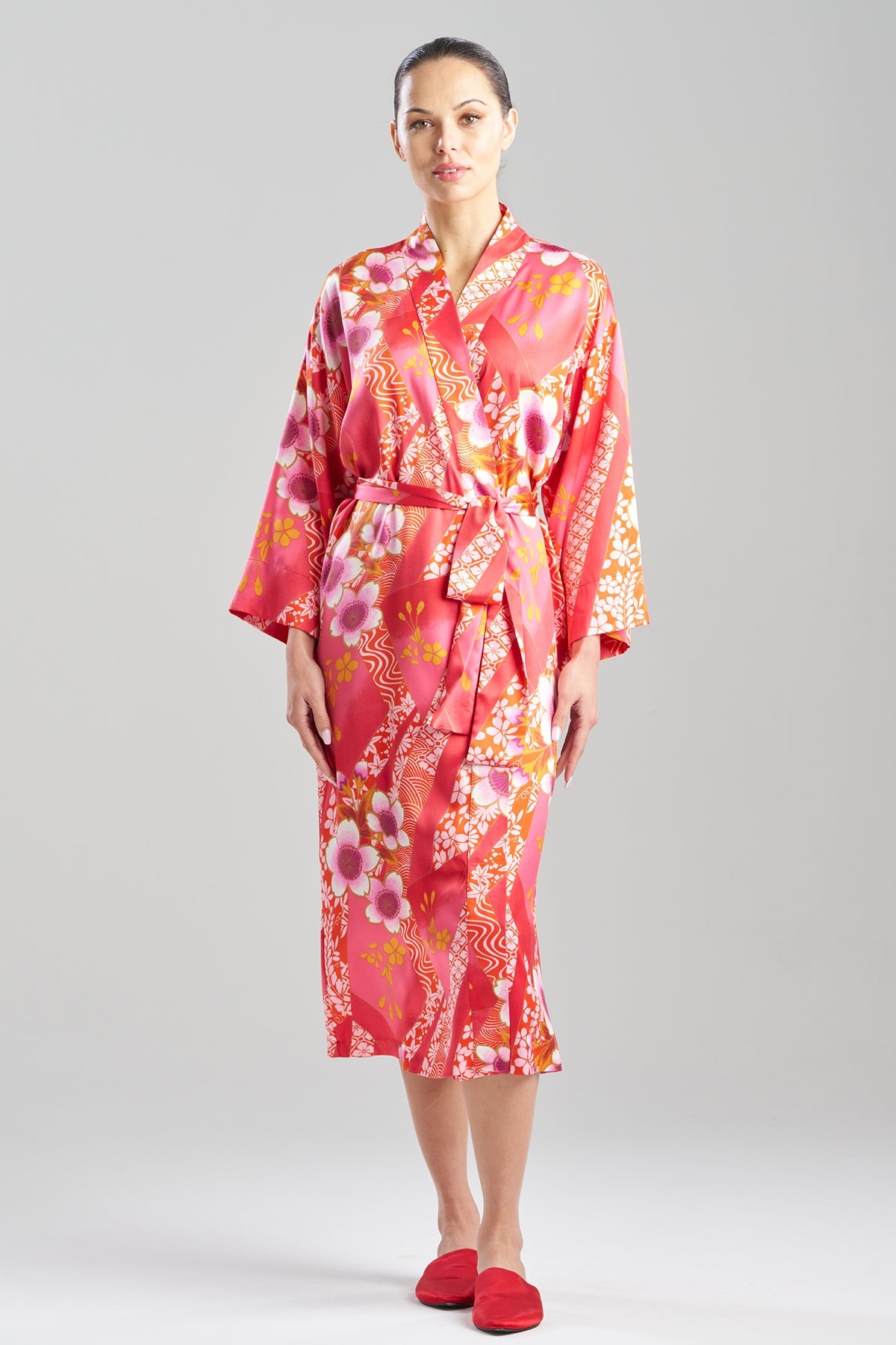 Magnolia Printed Satin Robe Deep Rasberry Natori