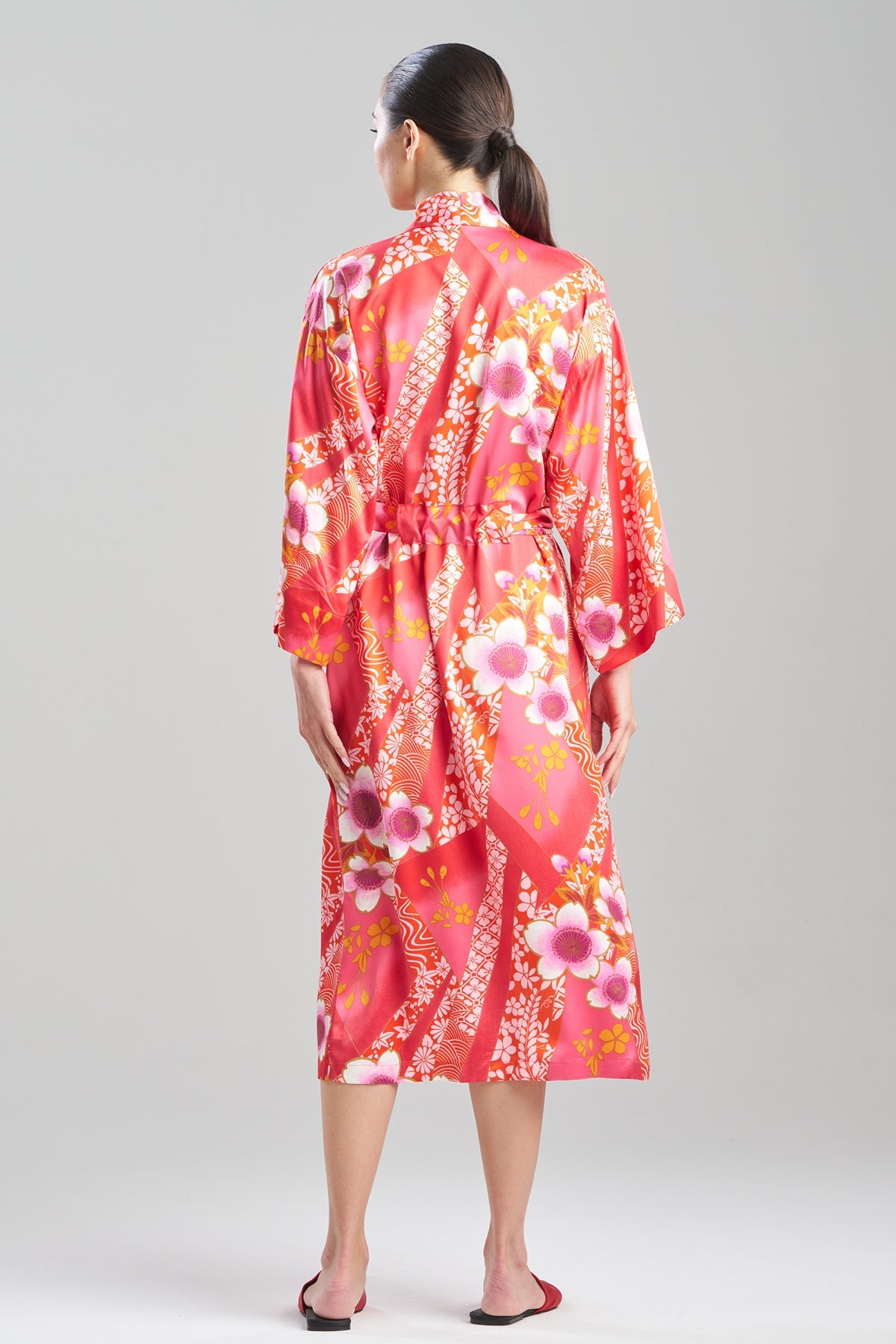 Magnolia Printed Satin Robe Deep Rasberry Natori