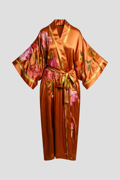 Couture Brushstroke Embroidered Silk Robe Gold Rush Natori