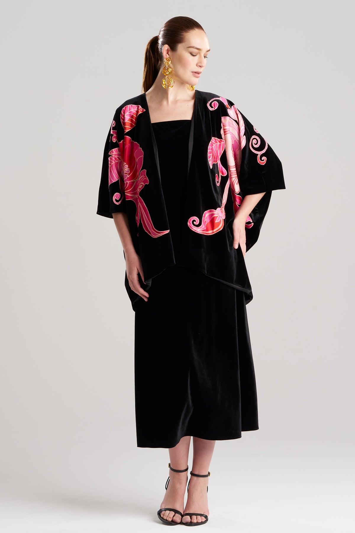 Natalie Velvet Appliqued Cocoon Cardigan Black Natori