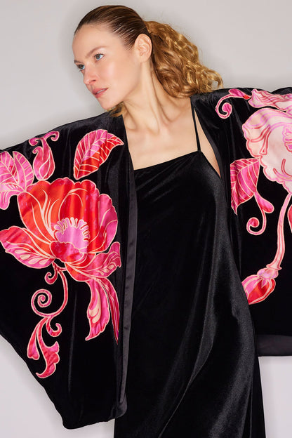Natalie Velvet Appliqued Cocoon Cardigan Black Natori