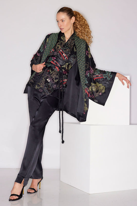 Couture Nara Multi Embroidered Silk Kimono Black Multi Natori