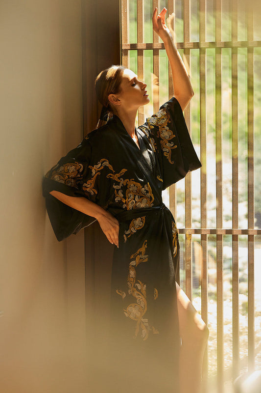 Buy Couture Ottoman Embroidered Silk Robe in Black Online Black Natori