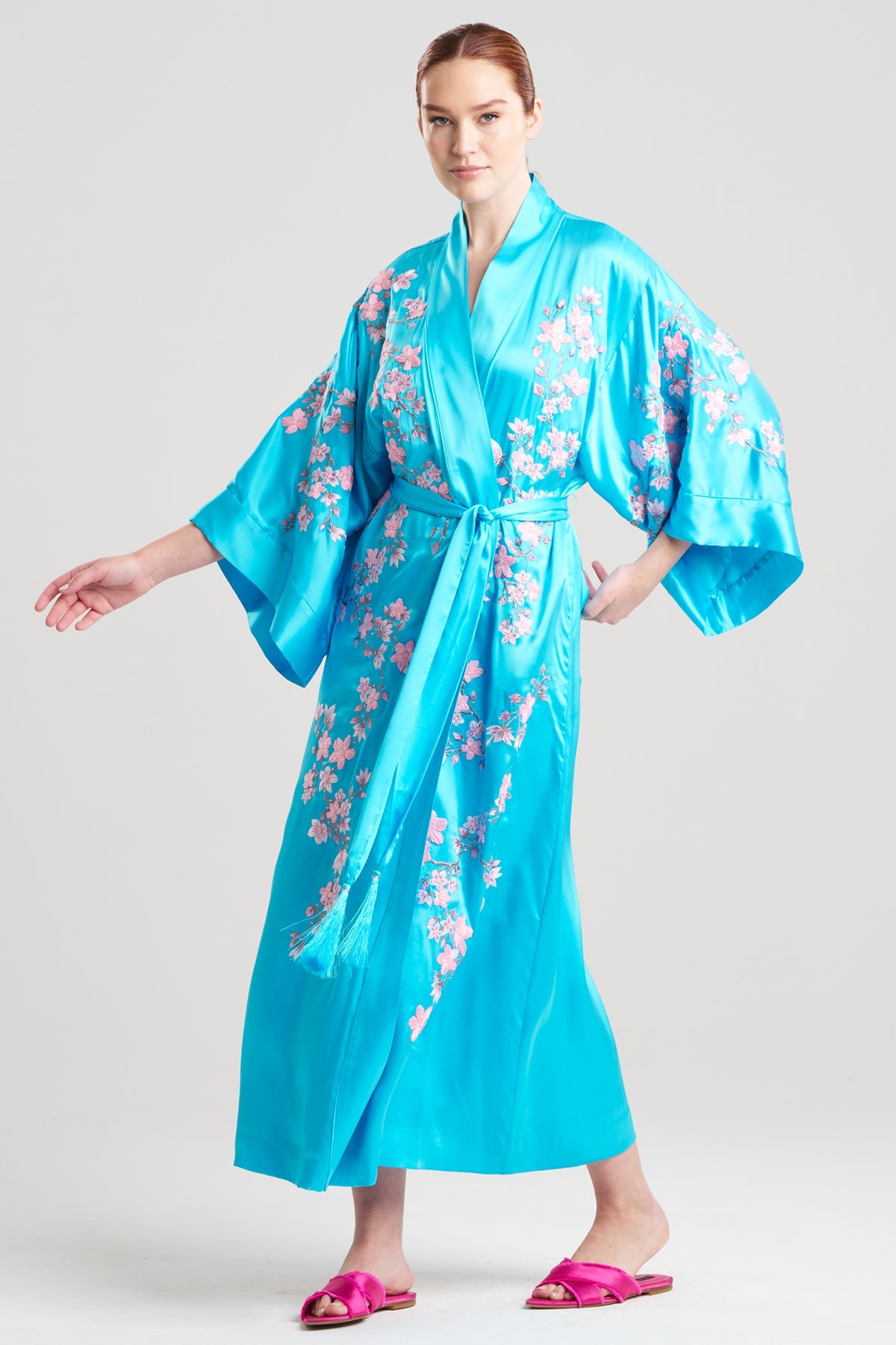 Couture Sakura Embroidered Floral Silk Robe Oasis Blue Natori