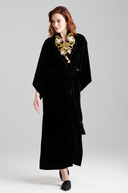 Buy Velvet Embroidered Shawl Collar Robe in Black Online Black Natori