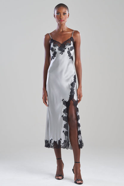Lolita Lace Slit Silk Slip Dress Silver/Black Natori