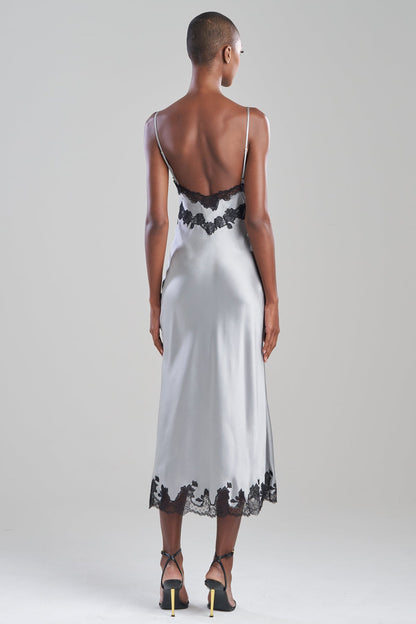 Lolita Lace Slit Silk Slip Dress Silver/Black Natori