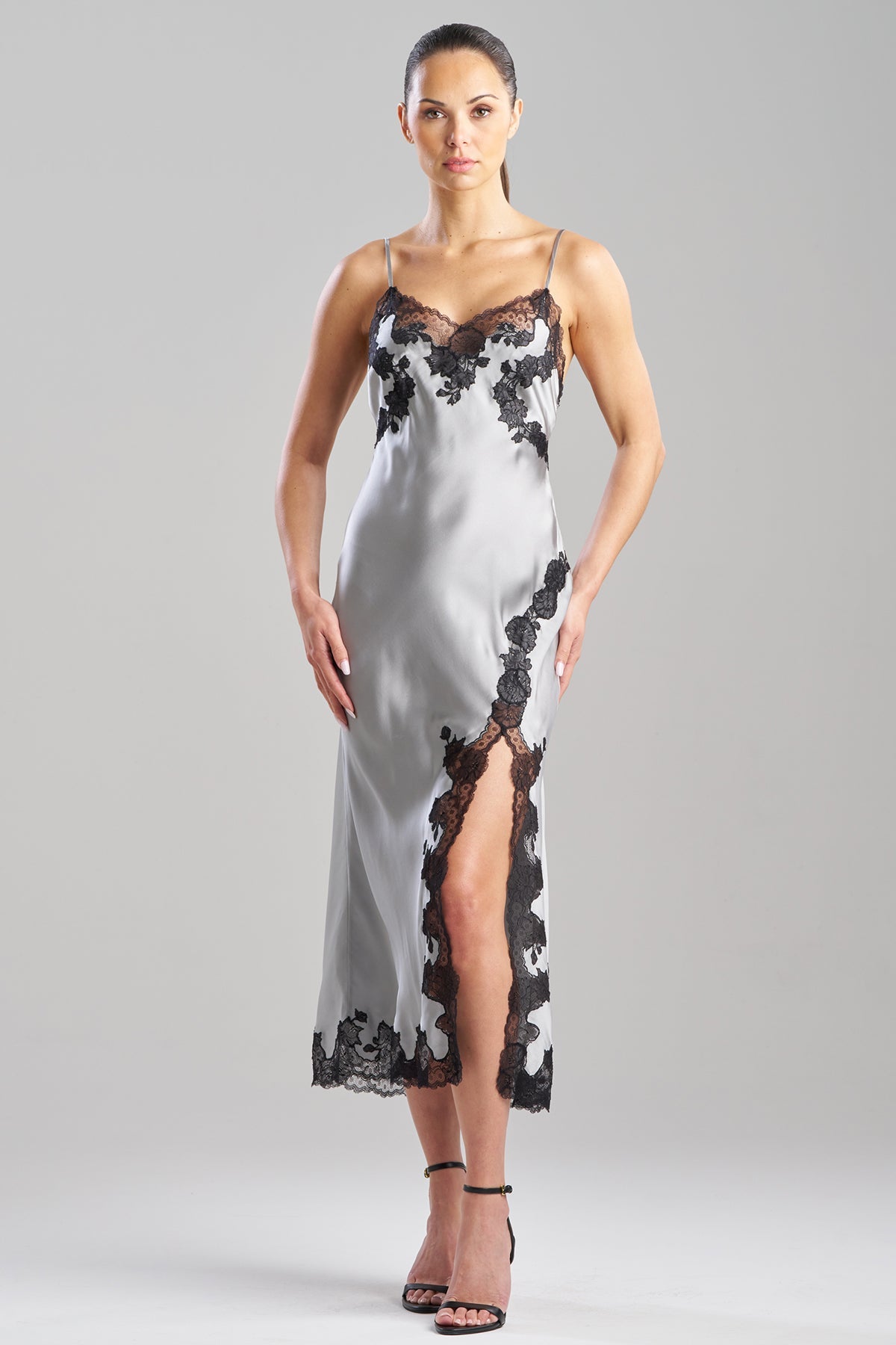 Lolita Lace Slit Silk Slip Dress Silver/Black Natori