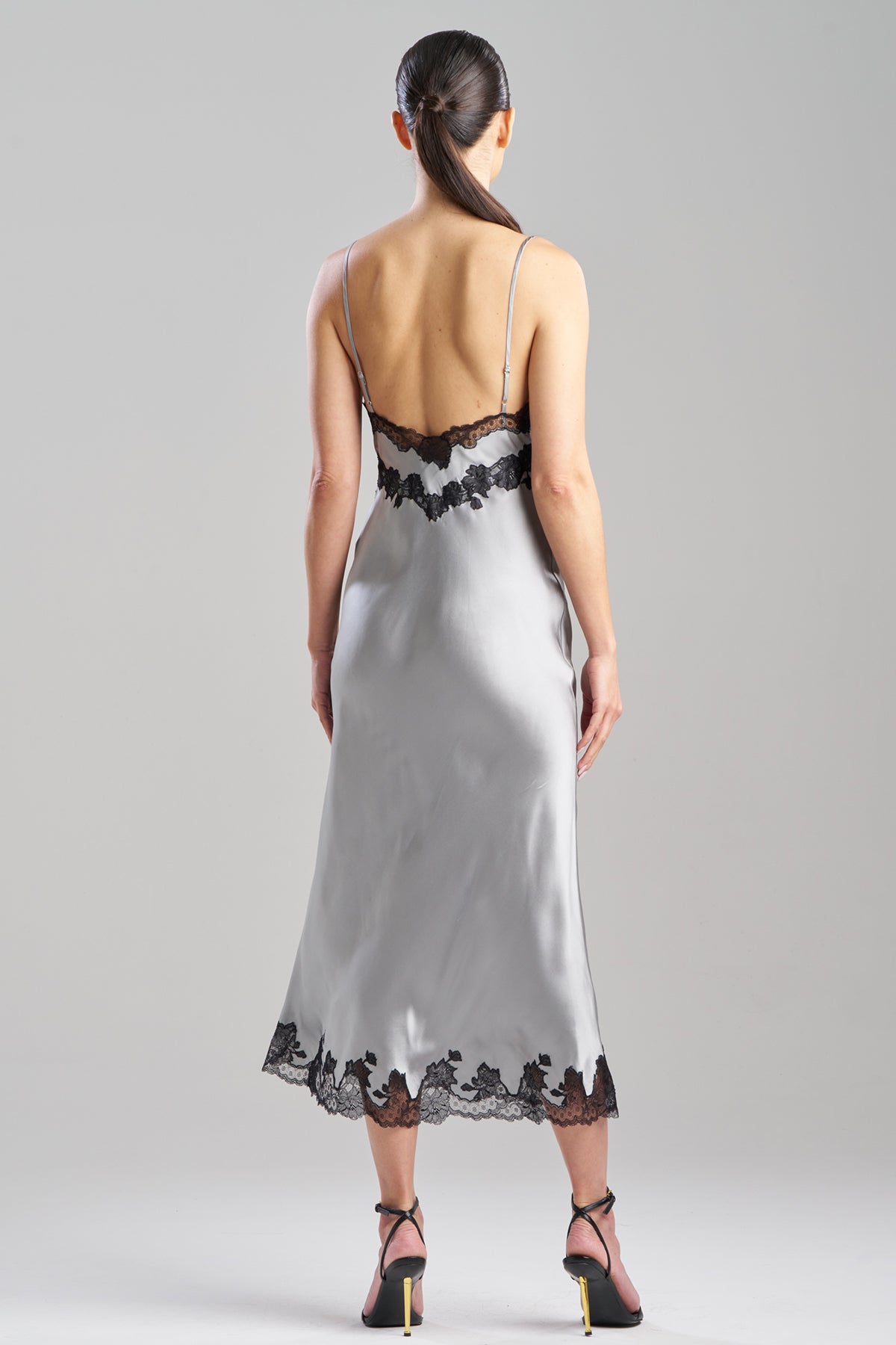 Lolita Lace Slit Silk Slip Dress Silver/Black Natori