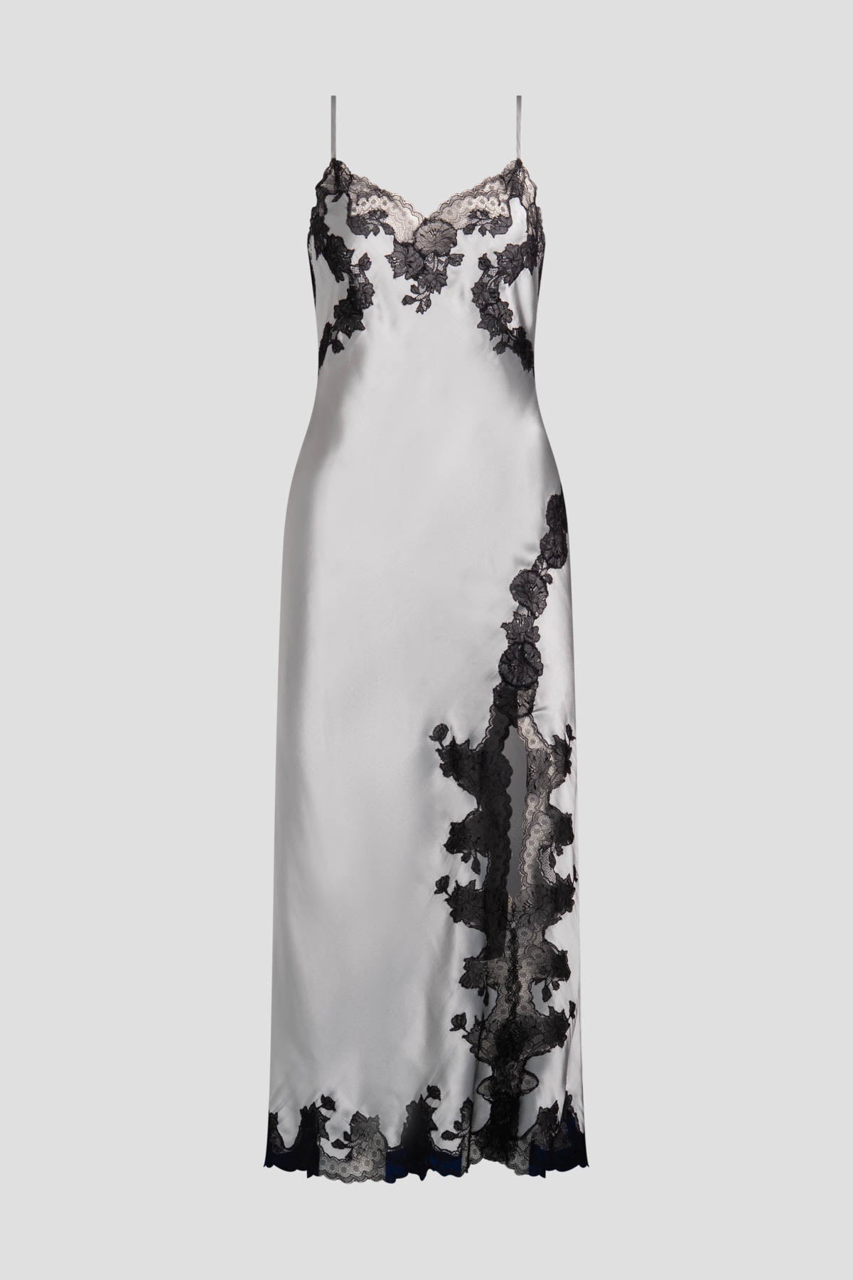 Lolita Lace Slit Silk Slip Dress Silver/Black Natori