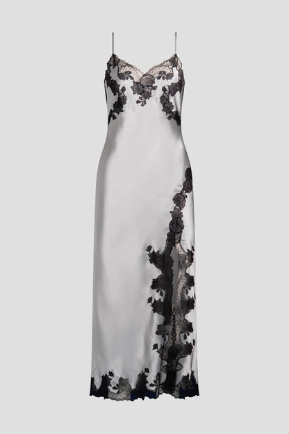 Lolita Lace Slit Silk Slip Dress Silver/Black Natori