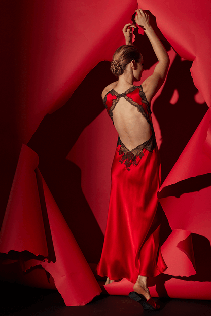 Buy Lolita Lace Trim Silk Gown in Scarlet/Ash Black Online Scarlet/Ash Black Natori