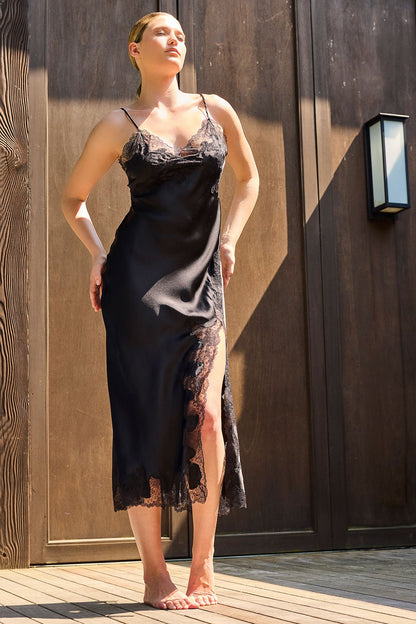 Lolita Lace Slit Silk Slip Dress Black Natori