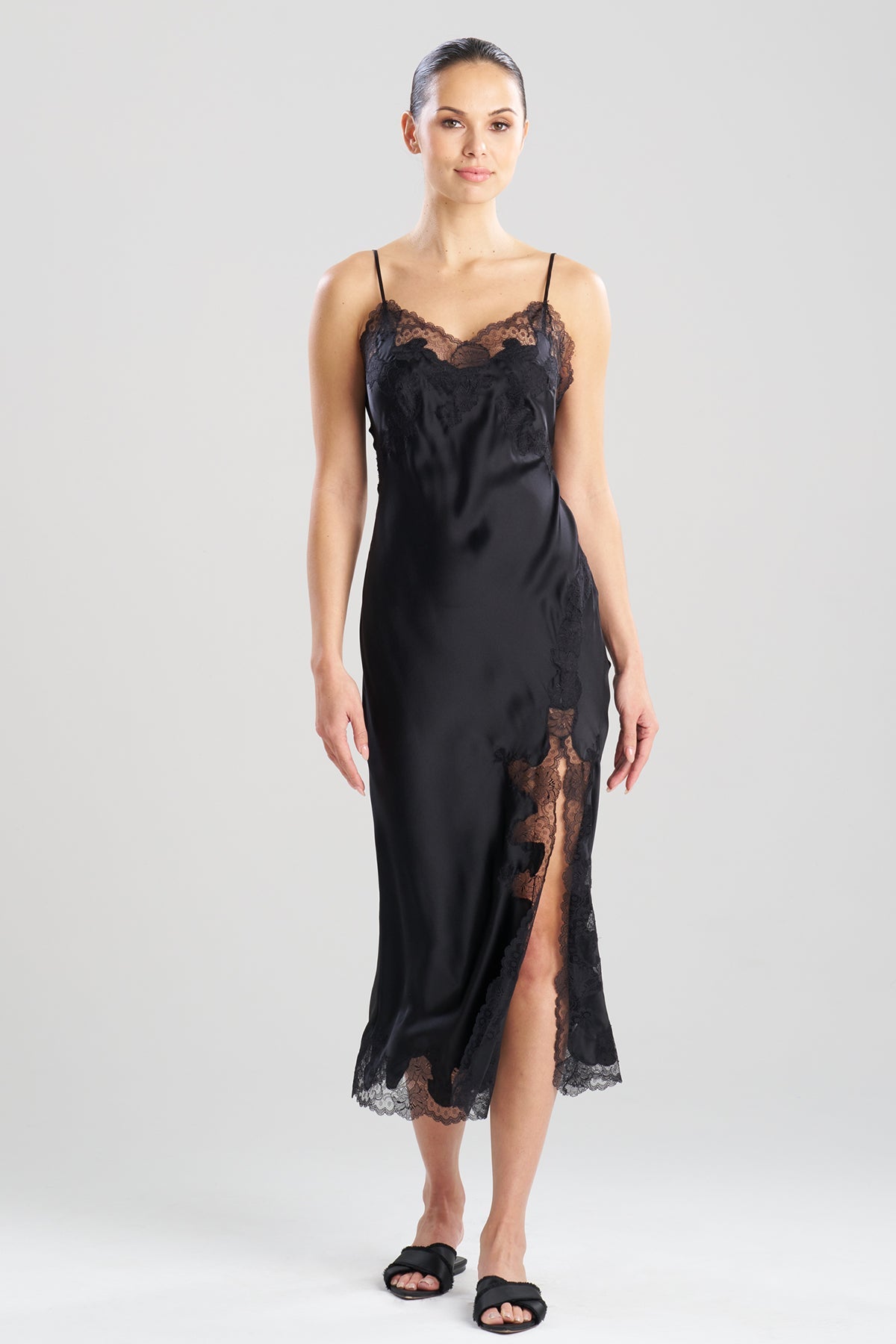 Lolita Lace Slit Silk Slip Dress Black Natori