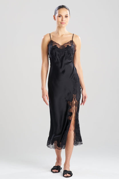 Lolita Lace Slit Silk Slip Dress Black Natori