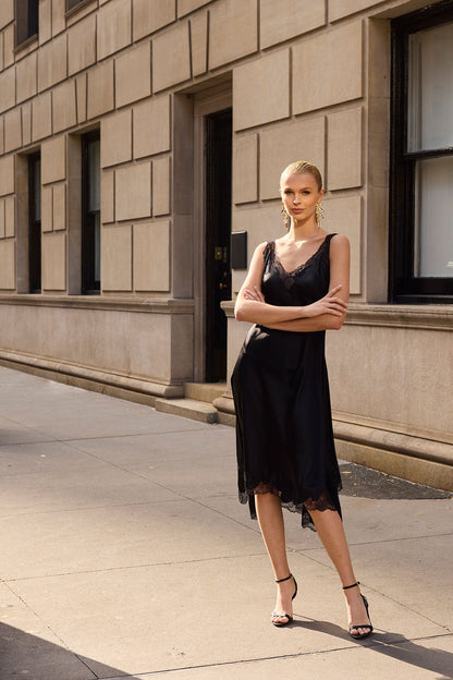 Lolita Asymmetrical Silk Slip Dress Black Natori