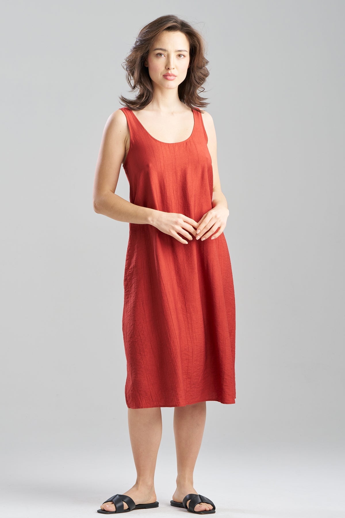 Terra Foil Crinkle Scoop Neck Slip Dress Brick Natori