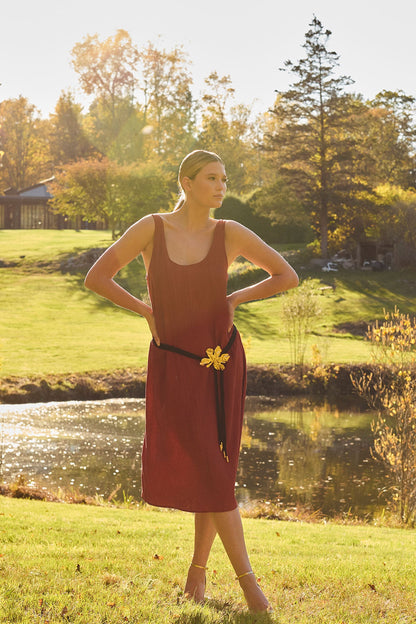 Terra Foil Crinkle Scoop Neck Slip Dress Brick Natori