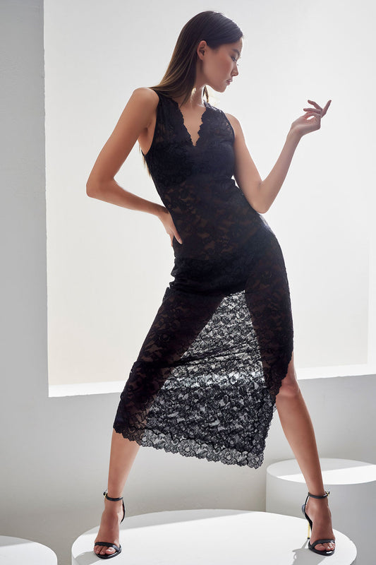 Peony Allover Lace V-Neck Slip Dress Black Natori