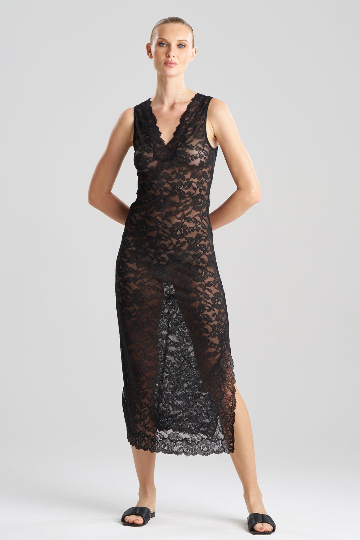 Peony Allover Lace V-Neck Slip Dress Black Natori