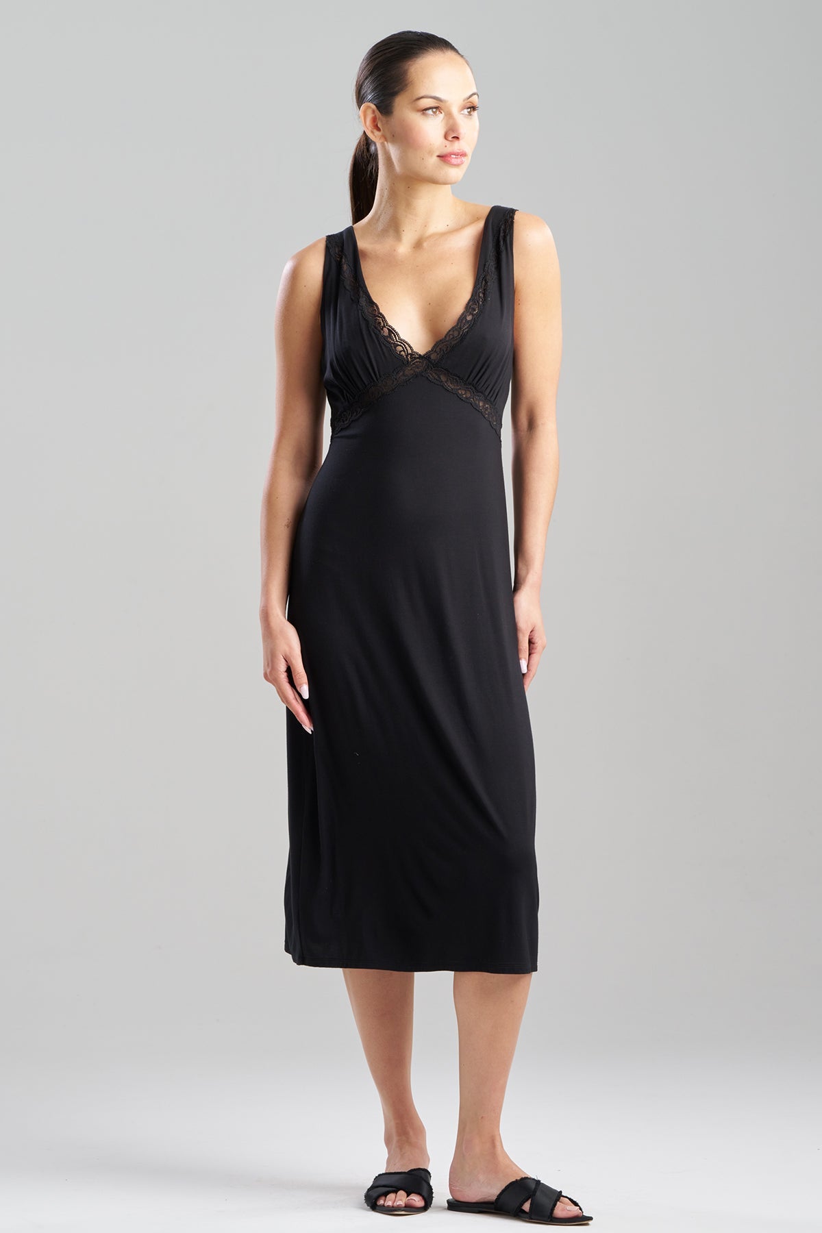 Buy Feathers Essentials Lenzing™ Ecovero™ Viscose Lace Applique Slip Dress in Black Online Black Natori