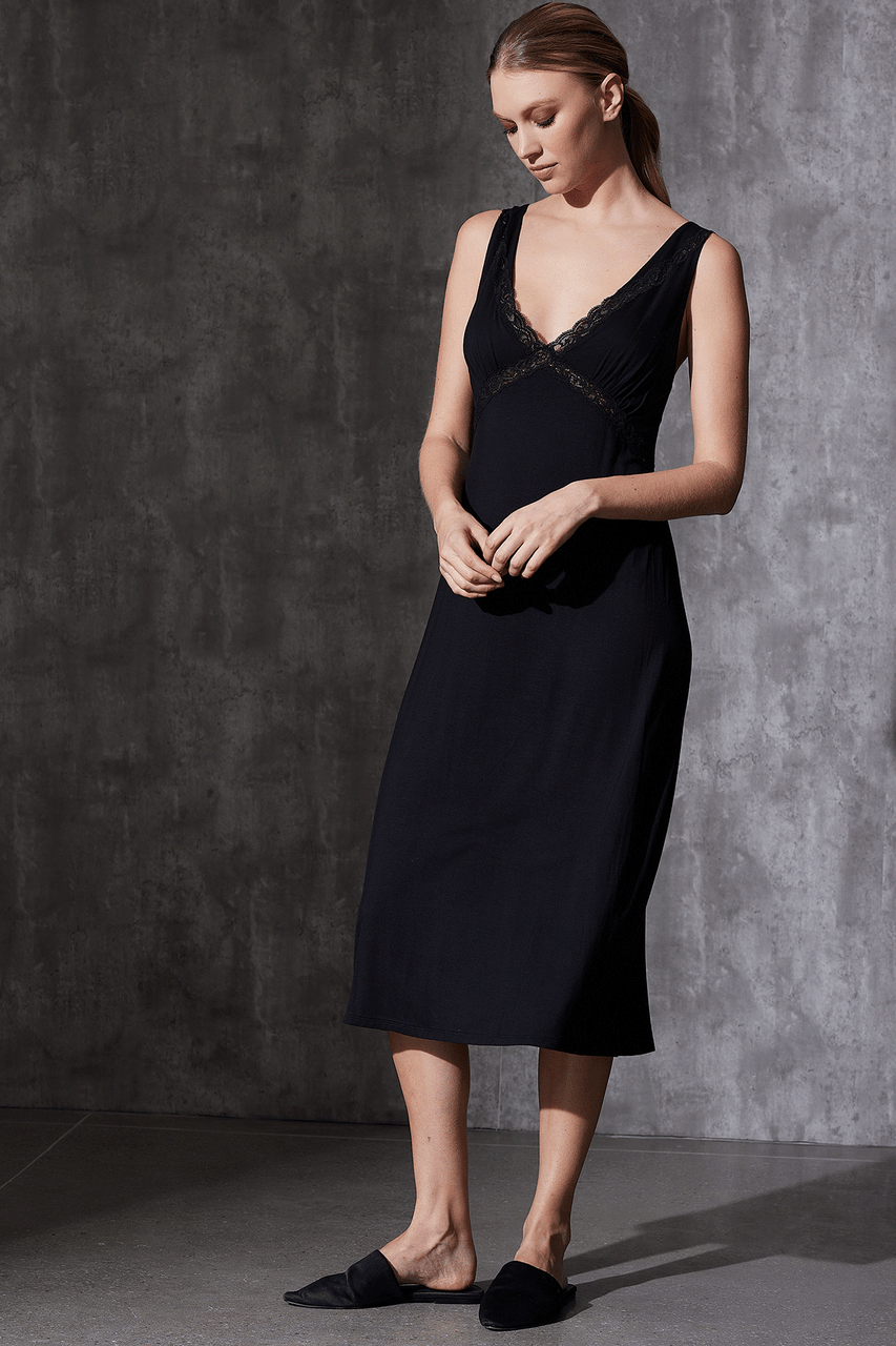 Buy Feathers Essentials Lenzing™ Ecovero™ Viscose Lace Applique Slip Dress in Black Online Black Natori