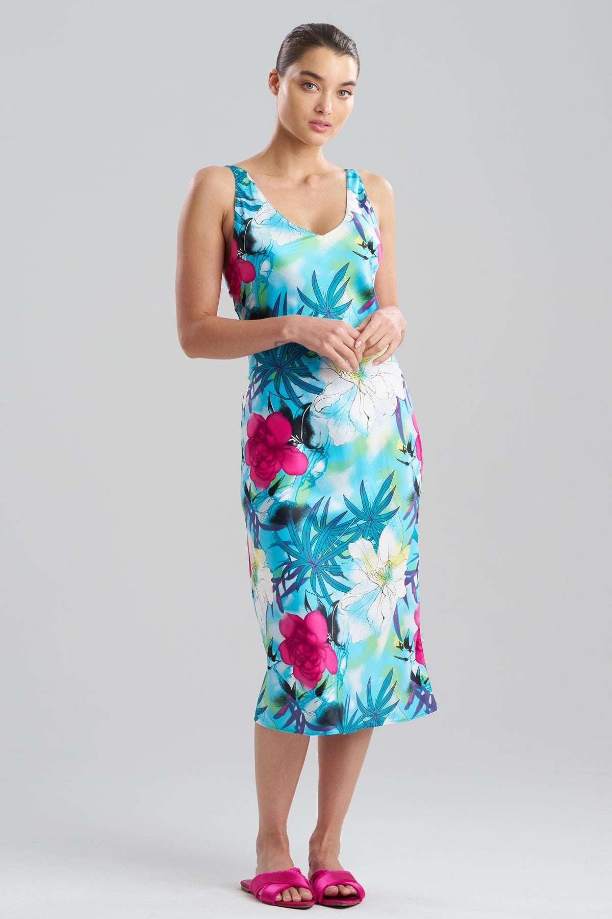 Viva Printed Satin Slip Dress Teal Natori