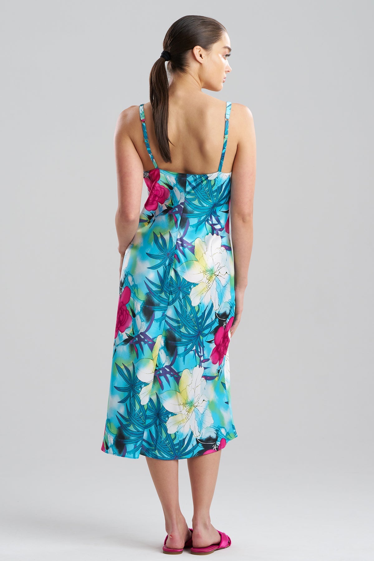 Viva Printed Satin Slip Dress Teal Natori