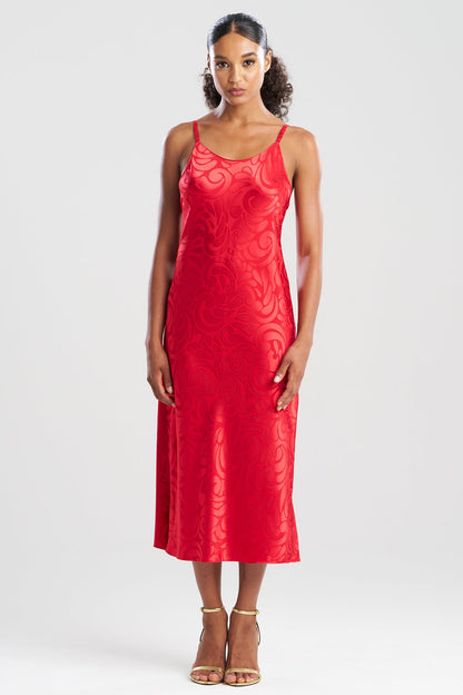 Scroll Satin Jacquard Scoop Neck Slip Dress Brocade Red Natori