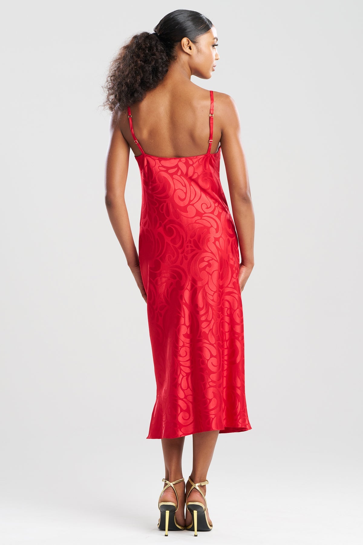 Scroll Satin Jacquard Scoop Neck Slip Dress Brocade Red Natori