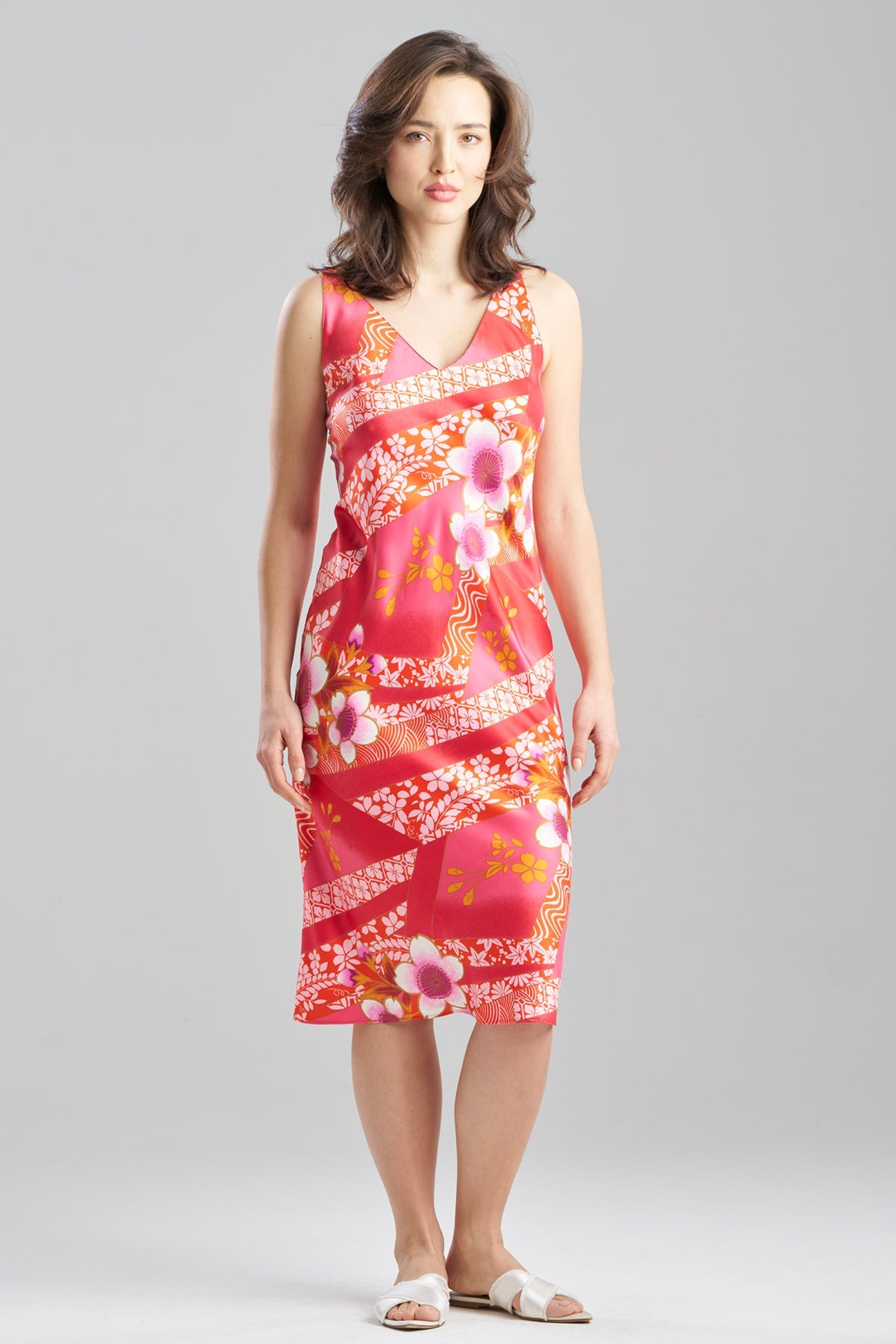 Magnolia Printed Satin Slip Dress Deep Rasberry Natori