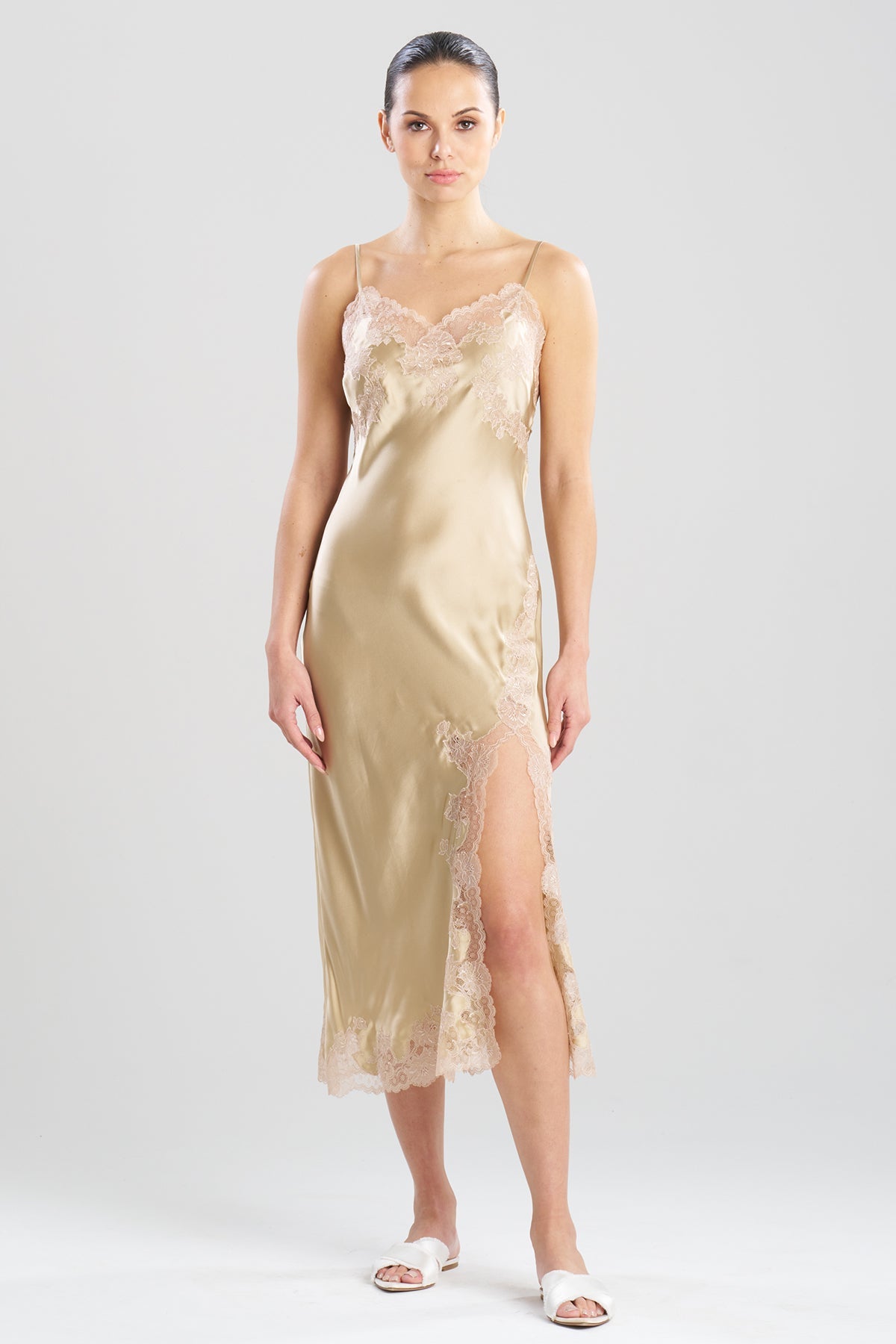 Lolita Lace Slit Silk Slip Dress Frappe/Nude Natori
