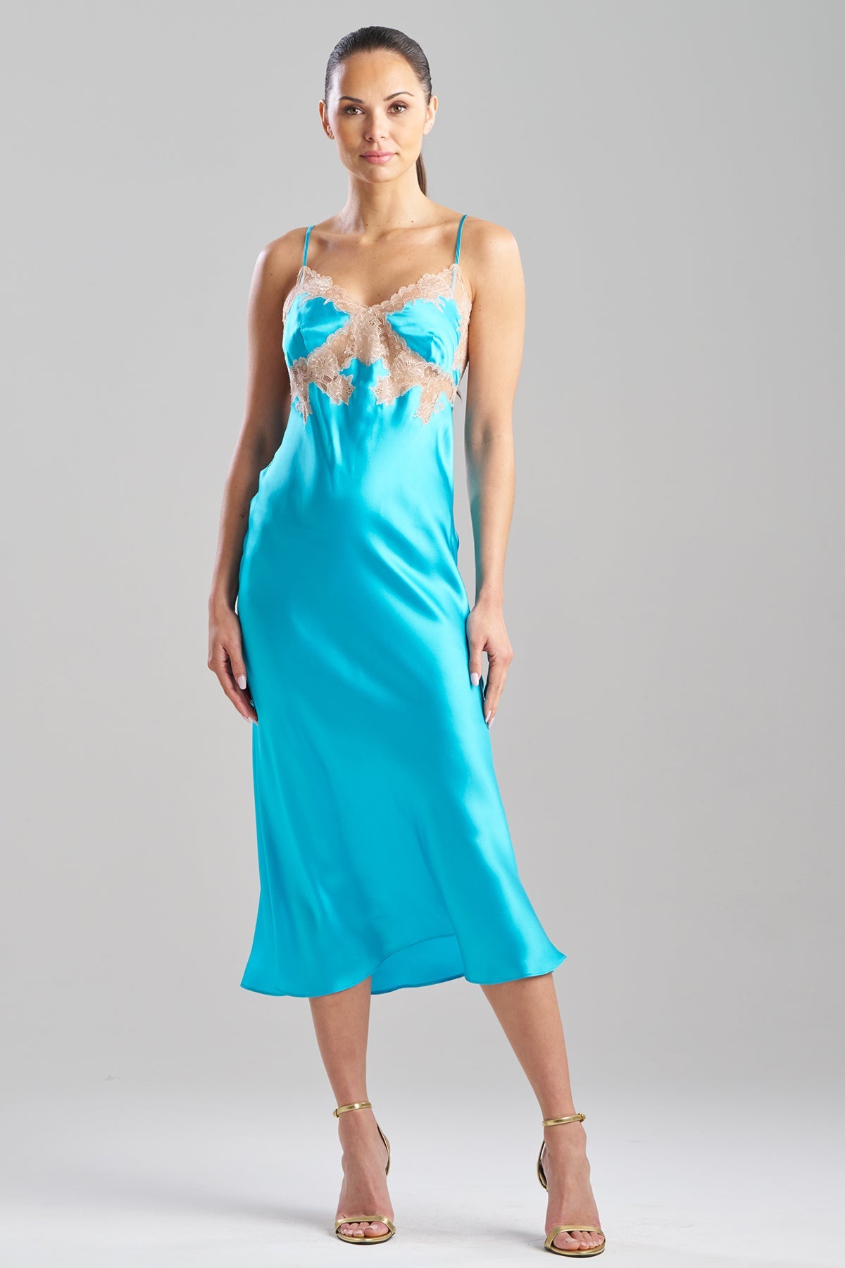 Lolita Lace Low Back Silk Slip Dress Azure/Nude Natori