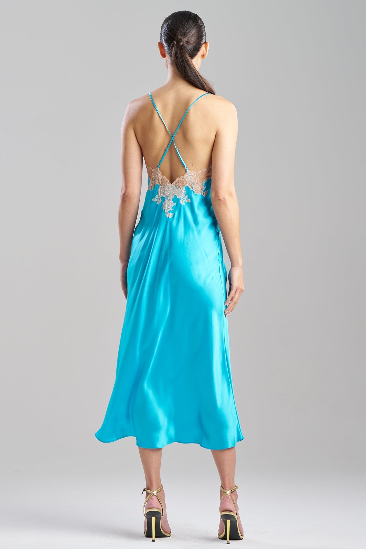 Lolita Lace Low Back Silk Slip Dress Azure/Nude Natori