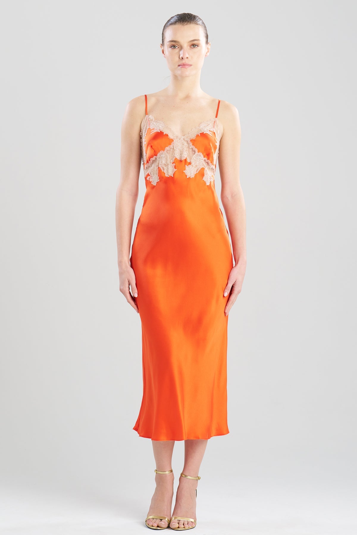 Lolita Lace Low Back Silk Slip Dress Blood Orange/Nude Natori