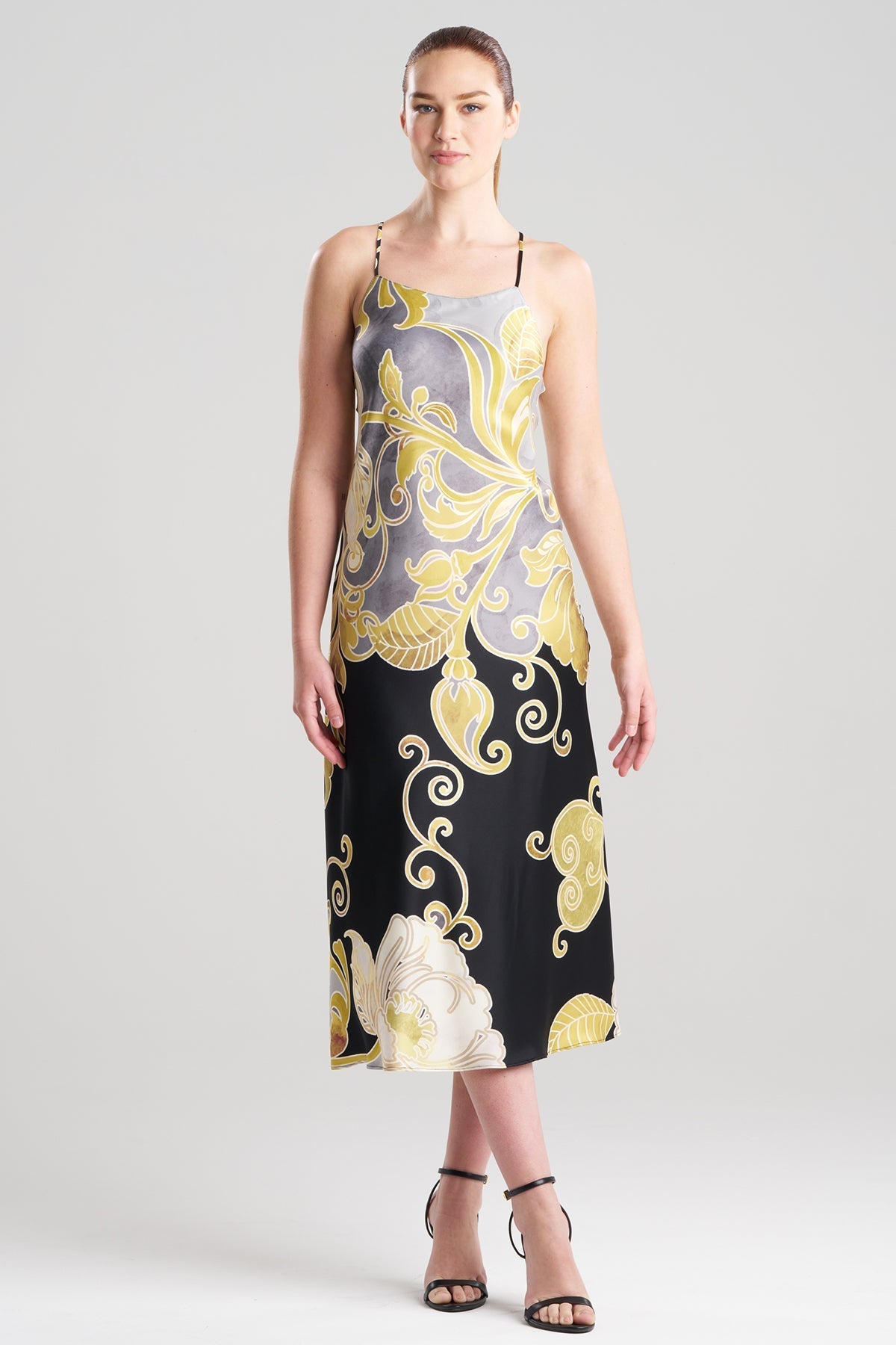 Deco Printed Charmeuse Slip Dress Black/Gold Natori