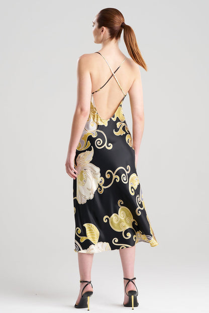 Deco Printed Charmeuse Slip Dress Black/Gold Natori