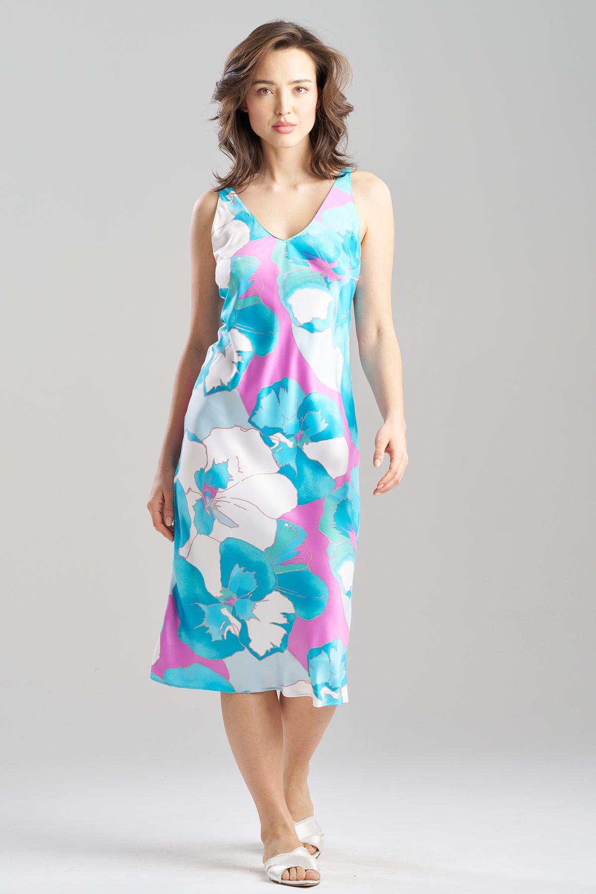 Floria Printed Satin Slip Dress Blue Natori