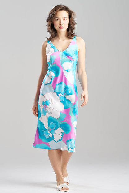 Floria Printed Satin Slip Dress Blue Natori